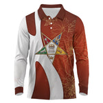 OES Order Of The Eastern Star Long Sleeve Polo Shirt Five Pointed Star Emblem With Gold Floral Art