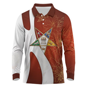 OES Order Of The Eastern Star Long Sleeve Polo Shirt Five Pointed Star Emblem With Gold Floral Art