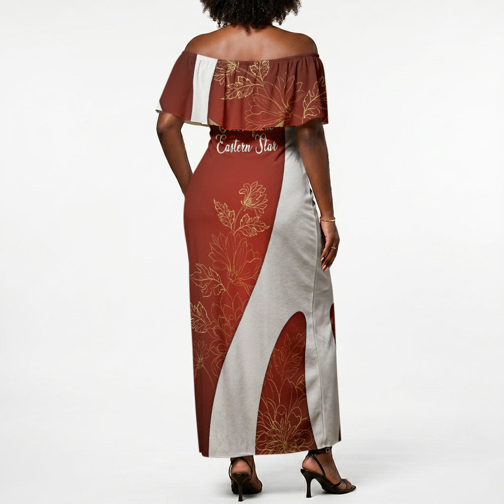 OES Order Of The Eastern Star Off Shoulder Maxi Dress Five Pointed Star Emblem With Gold Floral Art