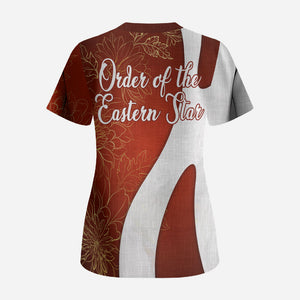 OES Order Of The Eastern Star Scrub Top Five Pointed Star Emblem With Gold Floral Art