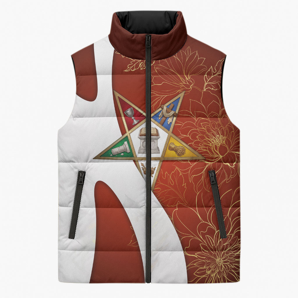 OES Order Of The Eastern Star Sleeveless Puffer Jacket Five Pointed Star Emblem With Gold Floral Art