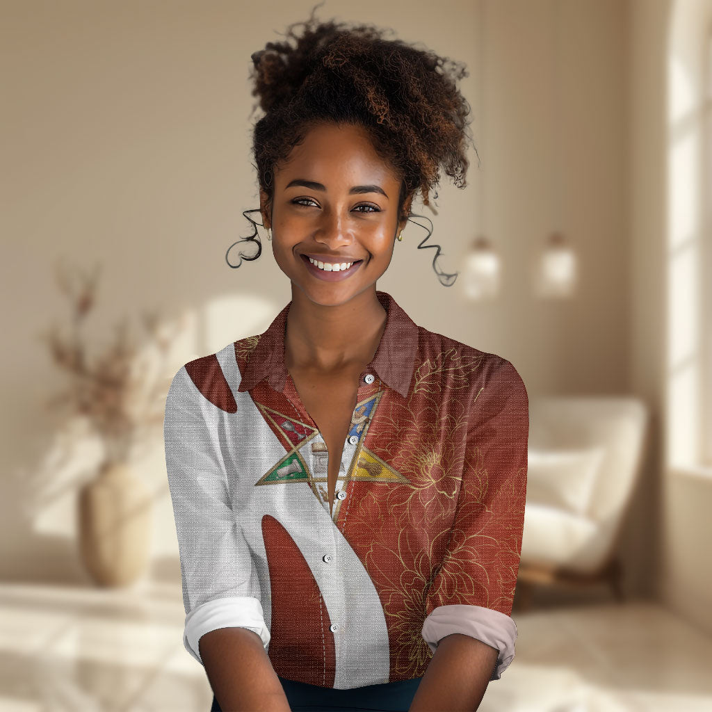 OES Order Of The Eastern Star Women Casual Shirt Five Pointed Star Emblem With Gold Floral Art