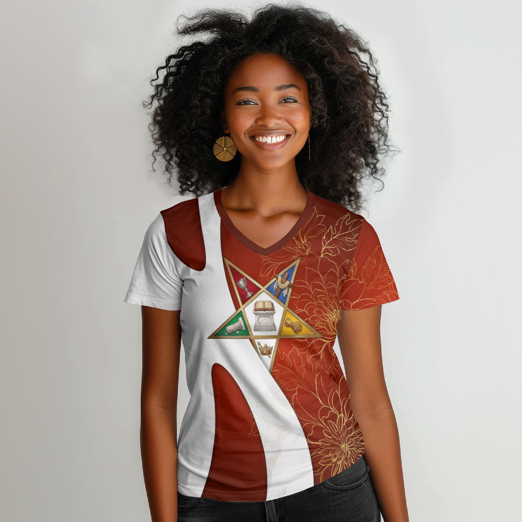 OES Order Of The Eastern Star Women V-Neck T-Shirt Five Pointed Star Emblem With Gold Floral Art