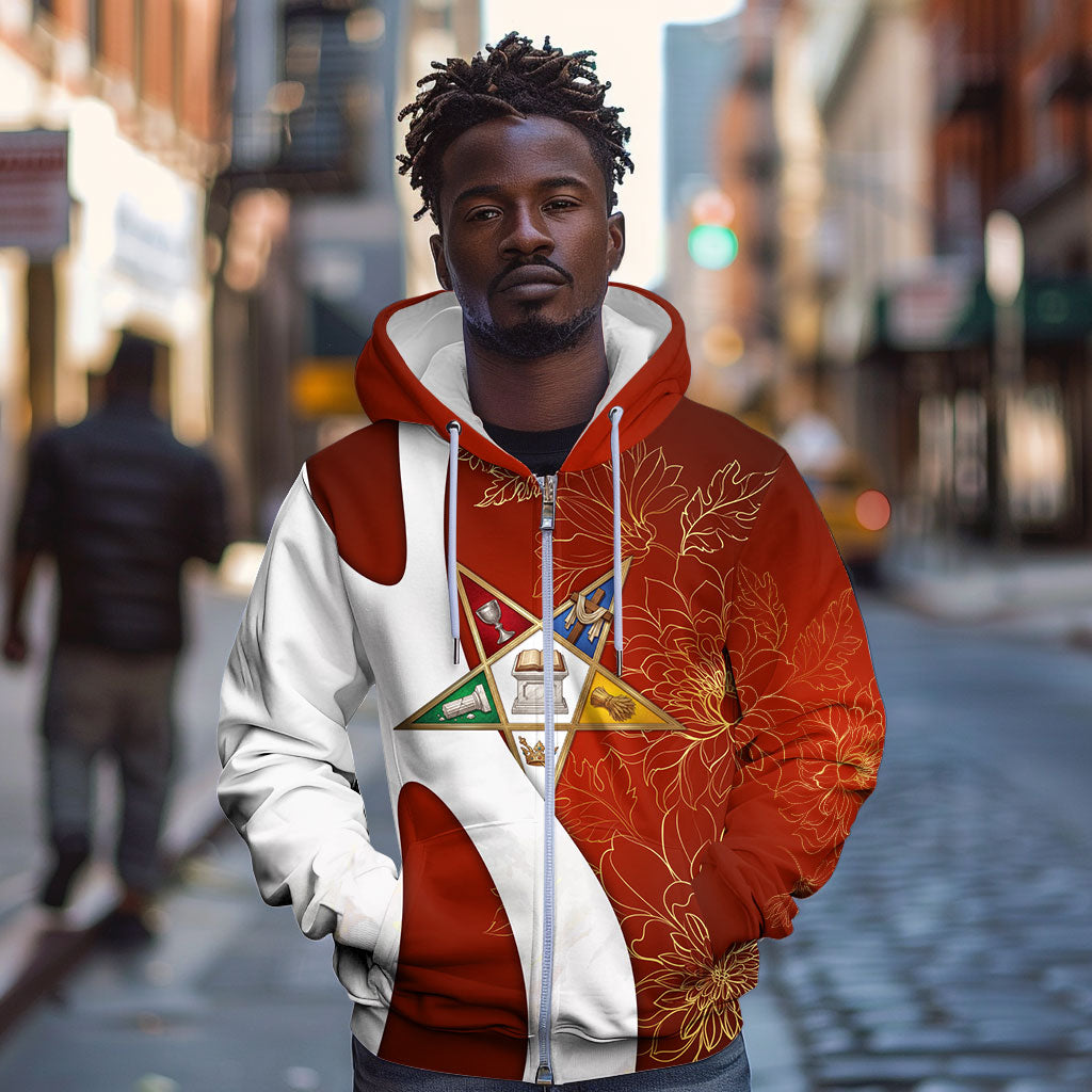 OES Order Of The Eastern Star Zip Hoodie Five Pointed Star Emblem With Gold Floral Art