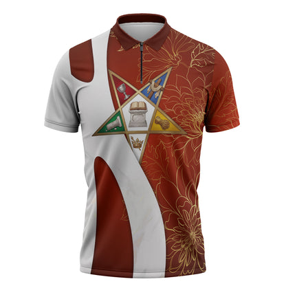 OES Order Of The Eastern Star Zipper Polo Shirt Five Pointed Star Emblem With Gold Floral Art