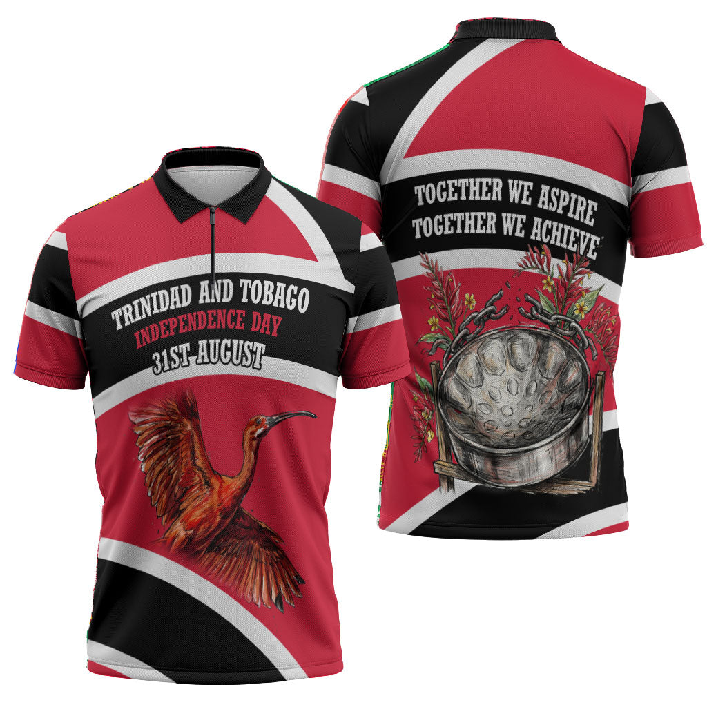 Trinidad And Tobago Independence Day Scarlet Ibis Zipper Polo Shirt Steelpan Heritage National Flag