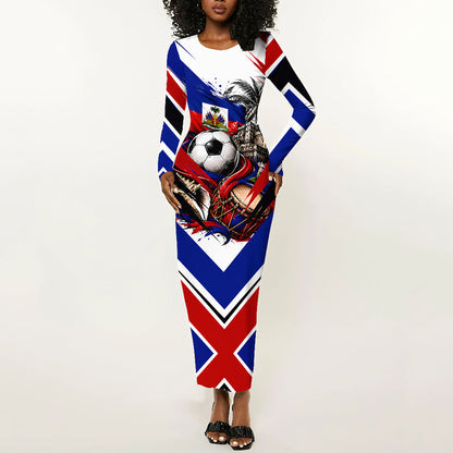 Haiti World Football Mondyal 2026 Long Sleeve Bodycon Dress Pride Ayiti Caribbean Culture Patriotic Crest