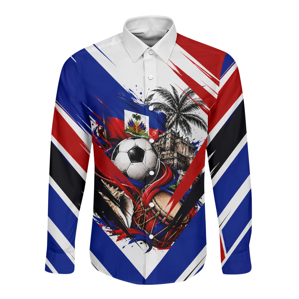 Haiti World Football Mondyal 2026 Long Sleeve Button Shirt Pride Ayiti Caribbean Culture Patriotic Crest