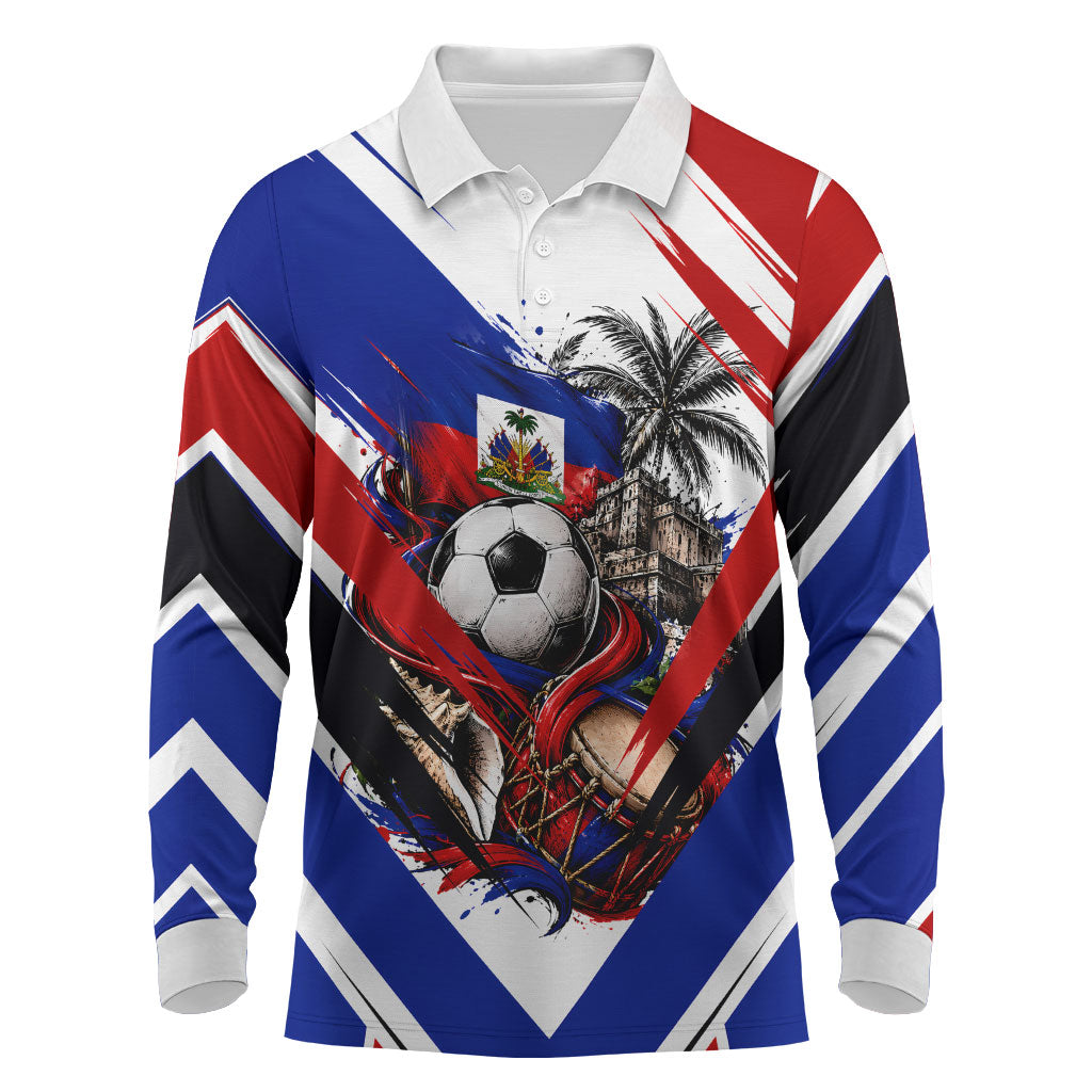 Haiti World Football Mondyal 2026 Long Sleeve Polo Shirt Pride Ayiti Caribbean Culture Patriotic Crest