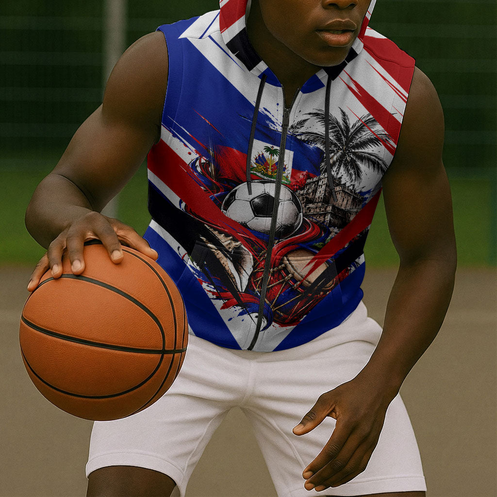 Haiti World Football Mondyal 2026 Sleeveless Zip Hoodie Pride Ayiti Caribbean Culture Patriotic Crest