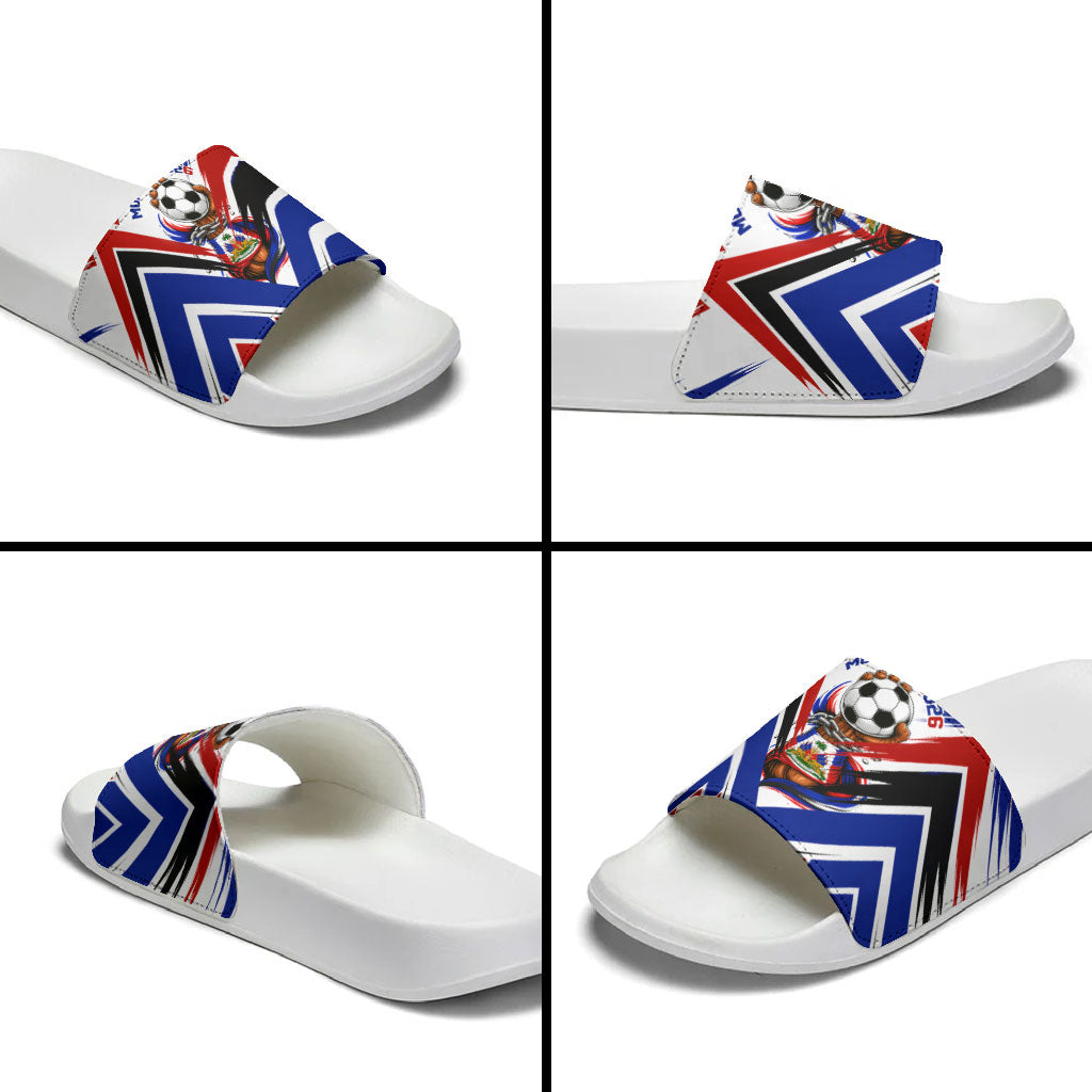 Haiti World Football Mondyal 2026 Slide Sandals Pride Ayiti Caribbean Culture Patriotic Crest