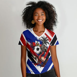 Haiti World Football Mondyal 2026 Women V-Neck T-Shirt Pride Ayiti Caribbean Culture Patriotic Crest
