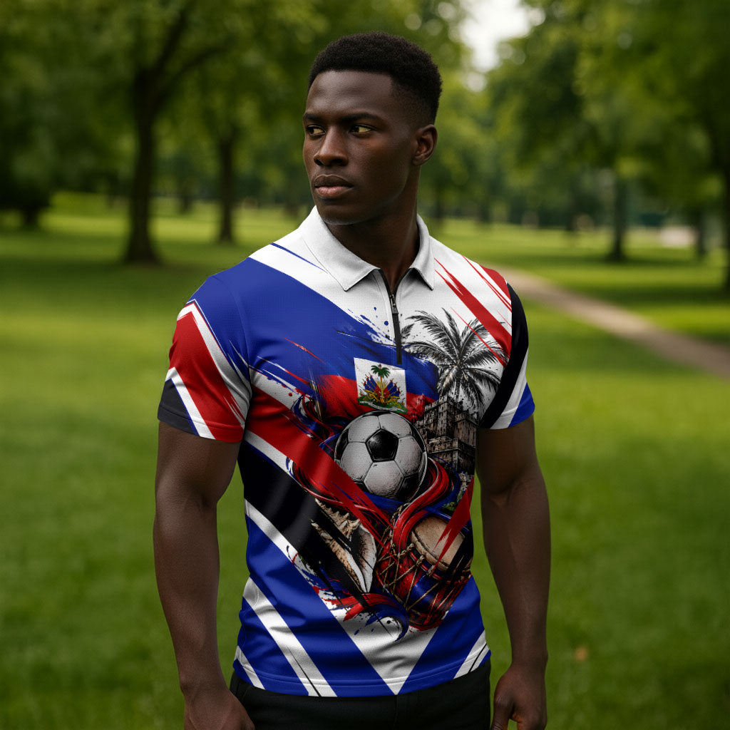 Haiti World Football Mondyal 2026 Zipper Polo Shirt Pride Ayiti Caribbean Culture Patriotic Crest