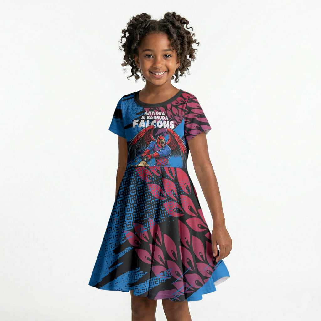 Personalized Antigua And Barbuda Cricket Kid Short Sleeve Dress Falcons Mascot Sport Style