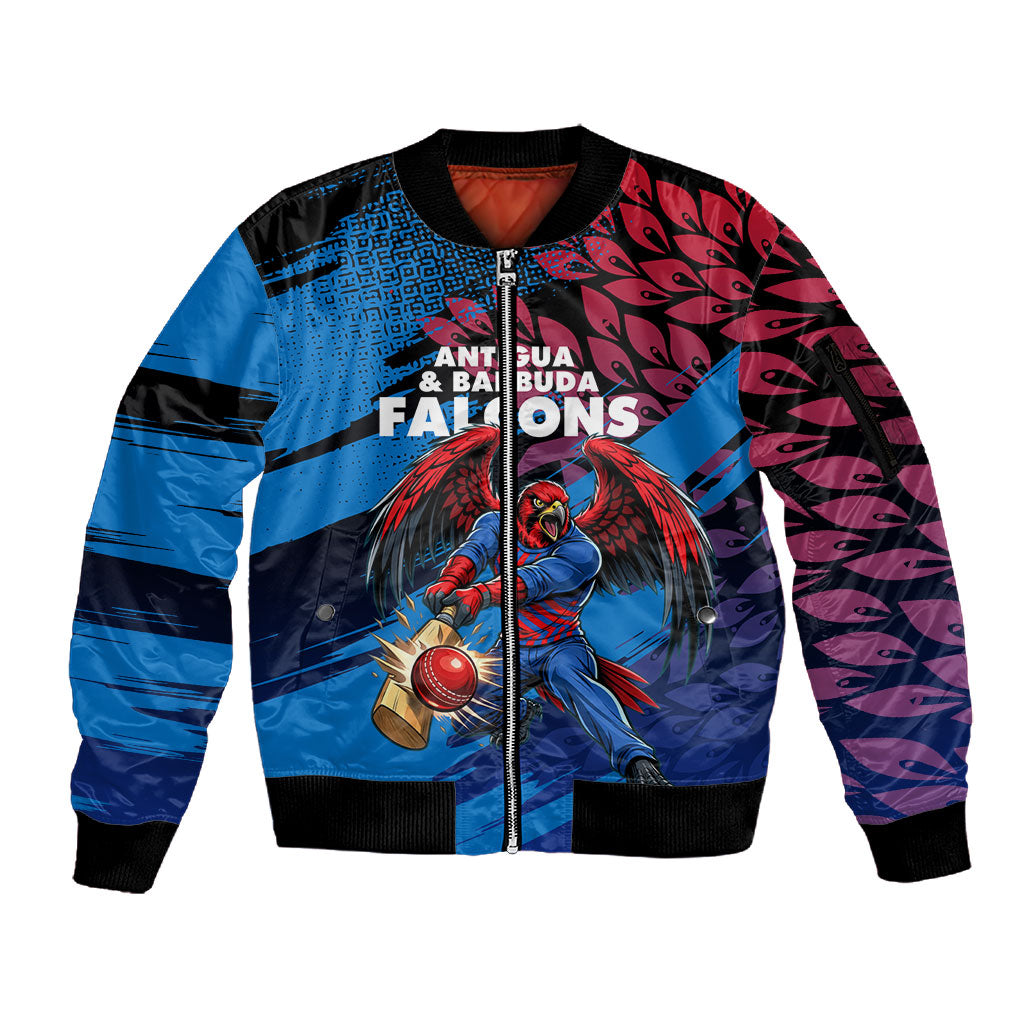 Personalized Antigua And Barbuda Cricket Sleeve Zip Bomber Jacket Falcons Mascot Sport Style