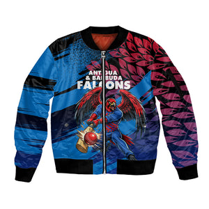 Personalized Antigua And Barbuda Cricket Sleeve Zip Bomber Jacket Falcons Mascot Sport Style