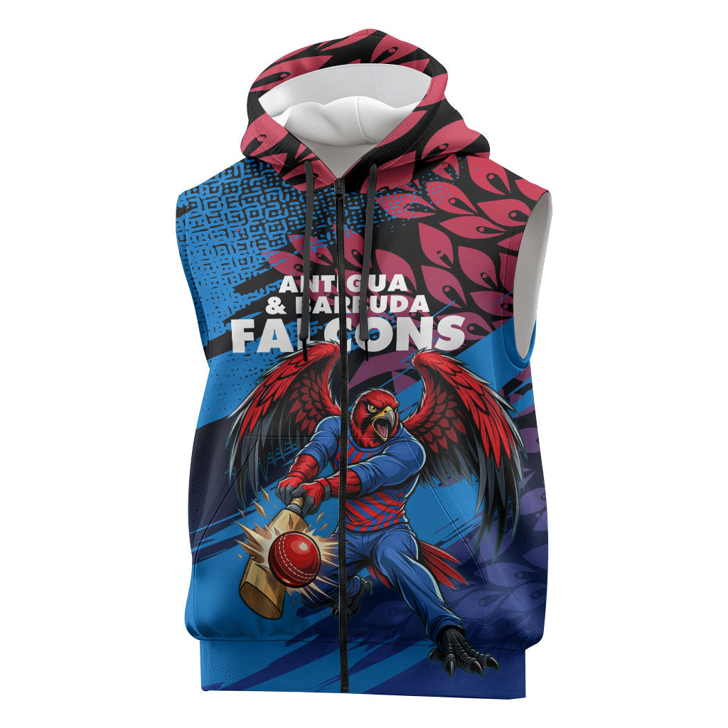 Personalized Antigua And Barbuda Cricket Sleeveless Zip Hoodie Falcons Mascot Sport Style