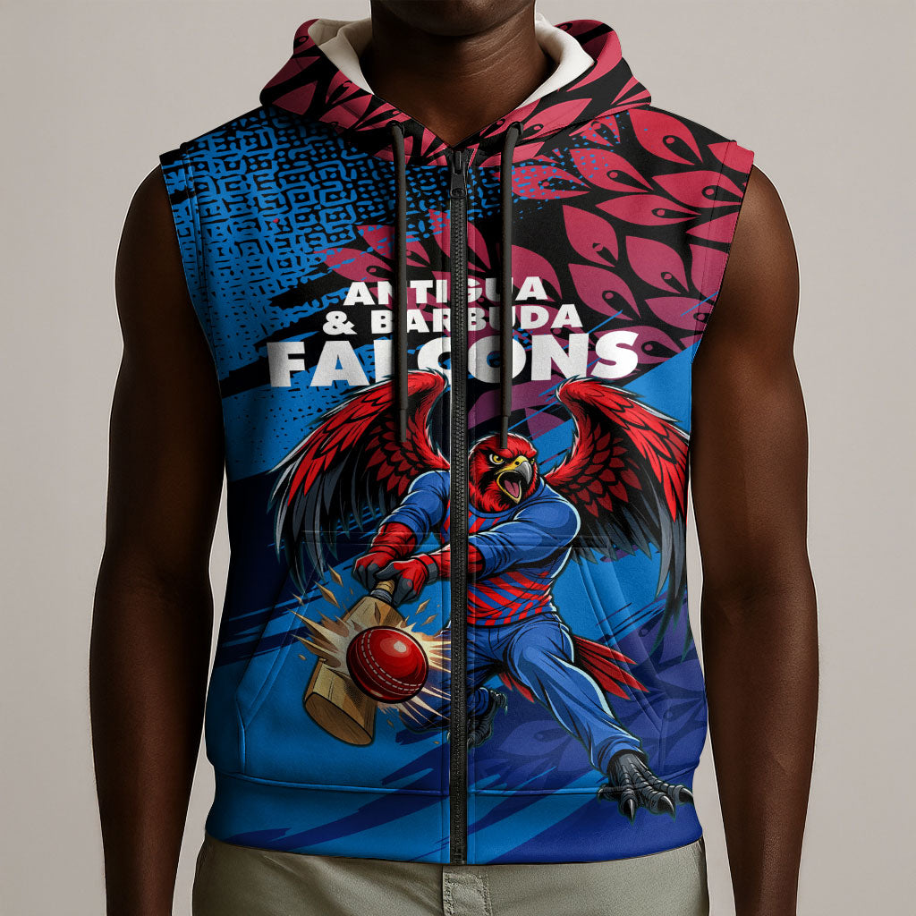 Personalized Antigua And Barbuda Cricket Sleeveless Zip Hoodie Falcons Mascot Sport Style