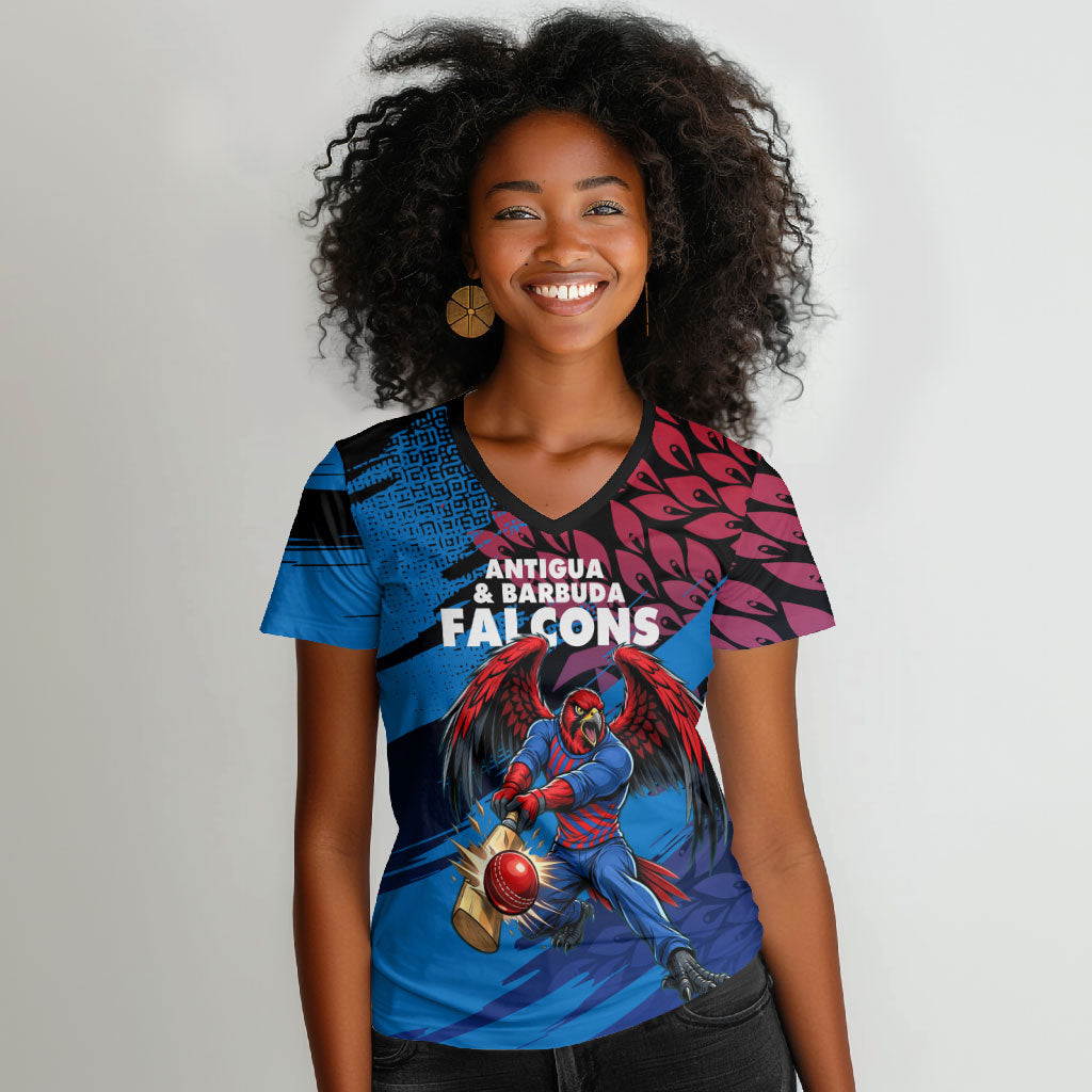 Personalized Antigua And Barbuda Cricket Women V-Neck T-Shirt Falcons Mascot Sport Style