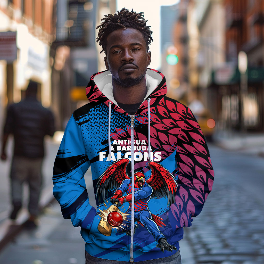 Personalized Antigua And Barbuda Cricket Zip Hoodie Falcons Mascot Sport Style