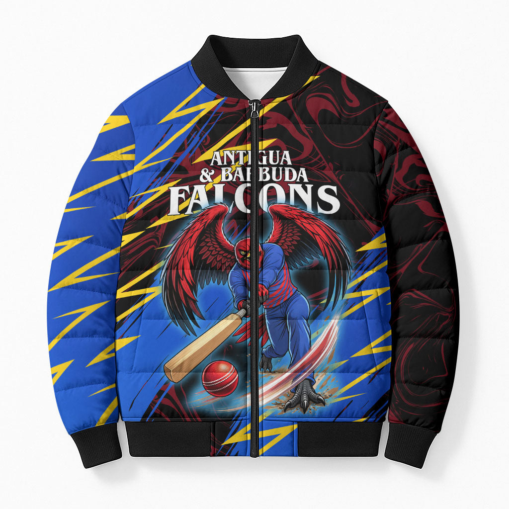 Personalized Antigua And Barbuda Cricket Bomber Puffer Jacket Falcons Caribbean Lightning Abstract Graphic