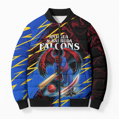 Personalized Antigua And Barbuda Cricket Bomber Puffer Jacket Falcons Caribbean Lightning Abstract Graphic