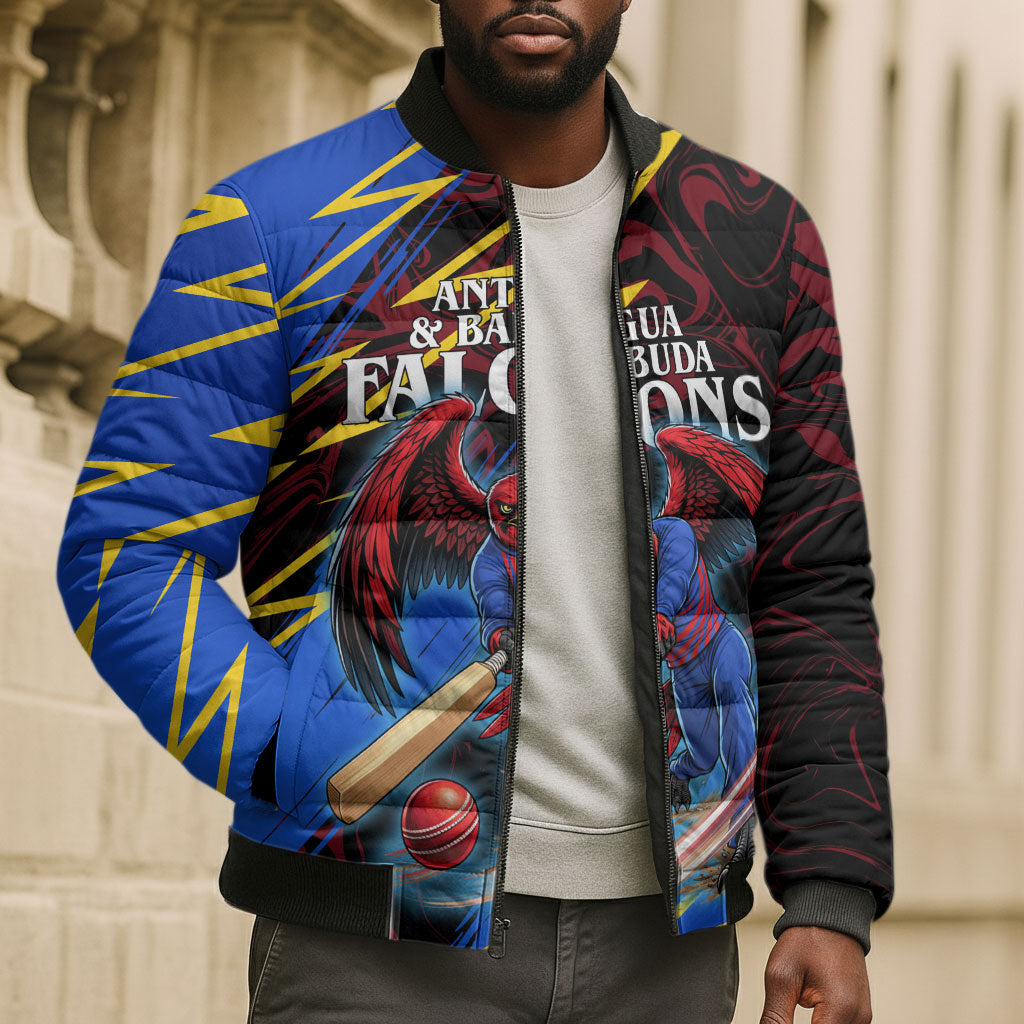 Personalized Antigua And Barbuda Cricket Bomber Puffer Jacket Falcons Caribbean Lightning Abstract Graphic