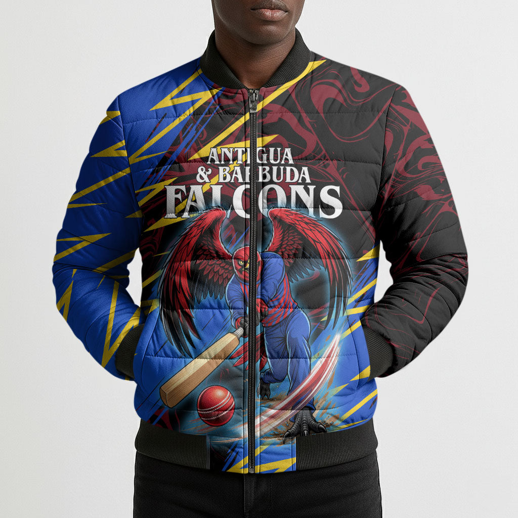 Personalized Antigua And Barbuda Cricket Bomber Puffer Jacket Falcons Caribbean Lightning Abstract Graphic