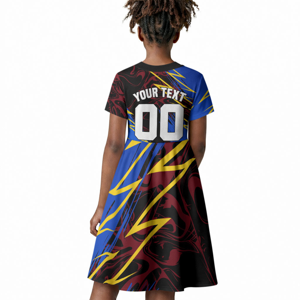 Personalized Antigua And Barbuda Cricket Kid Short Sleeve Dress Falcons Caribbean Lightning Abstract Graphic