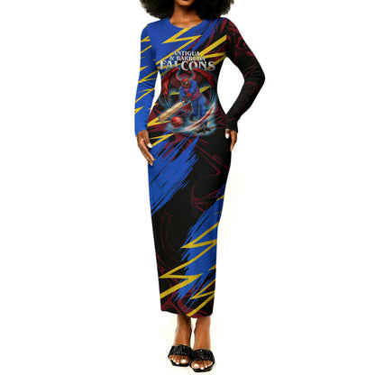 Personalized Antigua And Barbuda Cricket Long Sleeve Bodycon Dress Falcons Caribbean Lightning Abstract Graphic