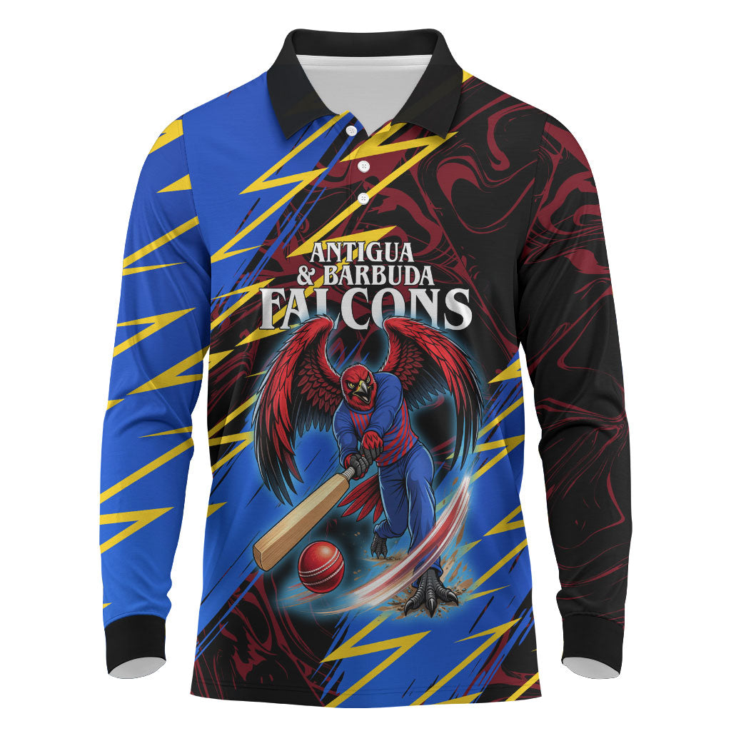 Personalized Antigua And Barbuda Cricket Long Sleeve Polo Shirt Falcons Caribbean Lightning Abstract Graphic