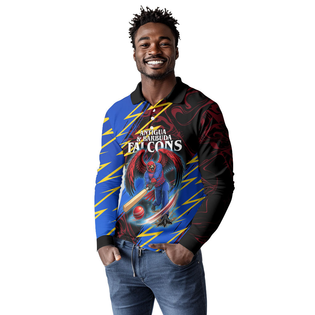 Personalized Antigua And Barbuda Cricket Long Sleeve Polo Shirt Falcons Caribbean Lightning Abstract Graphic