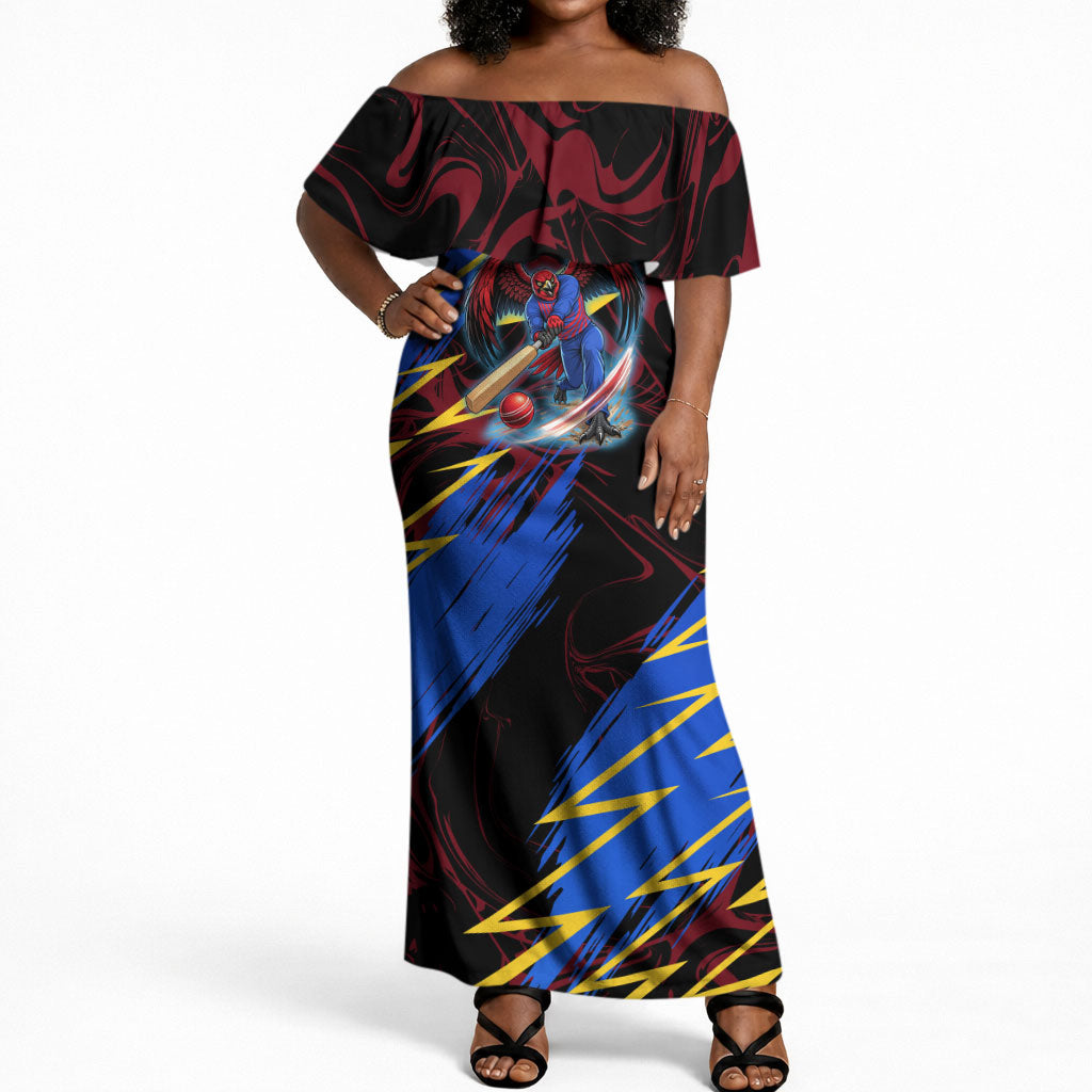 Personalized Antigua And Barbuda Cricket Off Shoulder Maxi Dress Falcons Caribbean Lightning Abstract Graphic