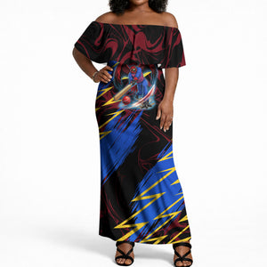Personalized Antigua And Barbuda Cricket Off Shoulder Maxi Dress Falcons Caribbean Lightning Abstract Graphic