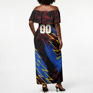 Personalized Antigua And Barbuda Cricket Off Shoulder Maxi Dress Falcons Caribbean Lightning Abstract Graphic