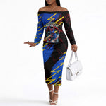 Personalized Antigua And Barbuda Cricket Off The Shoulder Long Sleeve Dress Falcons Caribbean Lightning Abstract Graphic