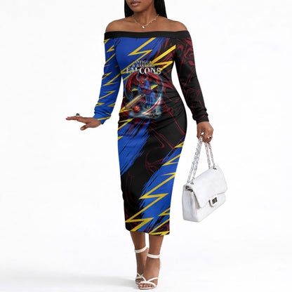 Personalized Antigua And Barbuda Cricket Off The Shoulder Long Sleeve Dress Falcons Caribbean Lightning Abstract Graphic