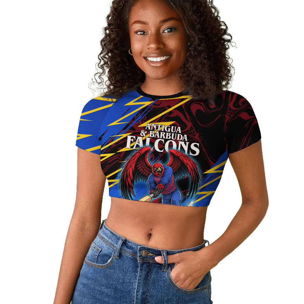 Personalized Antigua And Barbuda Cricket Raglan Cropped T shirt Falcons Caribbean Lightning Abstract Graphic