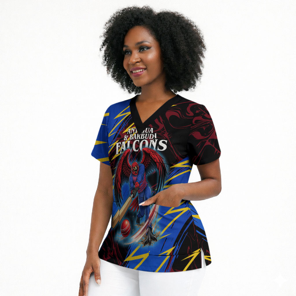 Personalized Antigua And Barbuda Cricket Scrub Top Falcons Caribbean Lightning Abstract Graphic