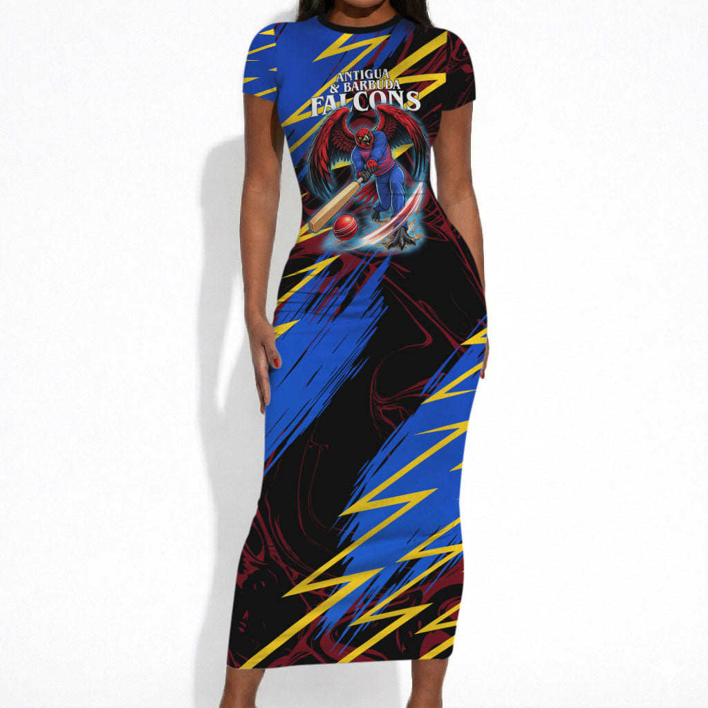 Personalized Antigua And Barbuda Cricket Short Sleeve Bodycon Dress Falcons Caribbean Lightning Abstract Graphic