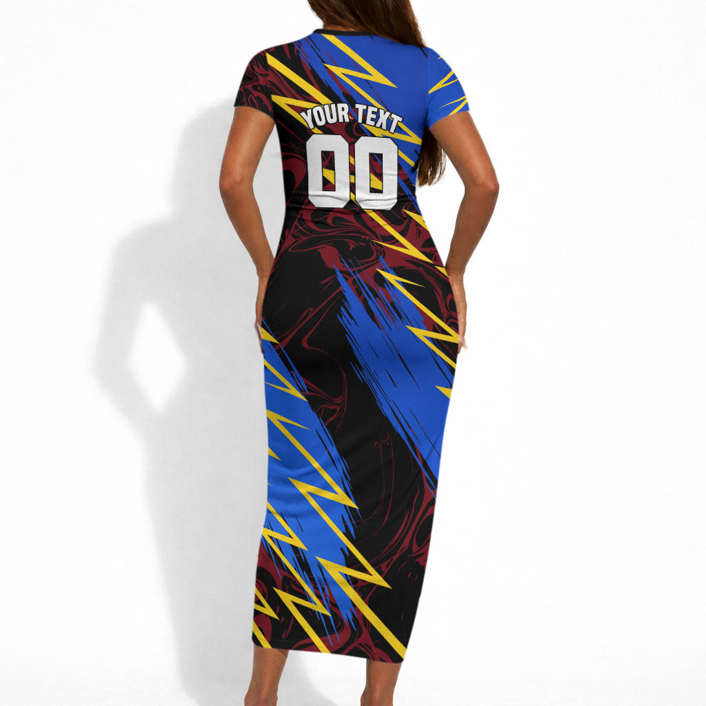 Personalized Antigua And Barbuda Cricket Short Sleeve Bodycon Dress Falcons Caribbean Lightning Abstract Graphic