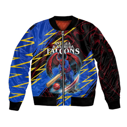 Personalized Antigua And Barbuda Cricket Sleeve Zip Bomber Jacket Falcons Caribbean Lightning Abstract Graphic