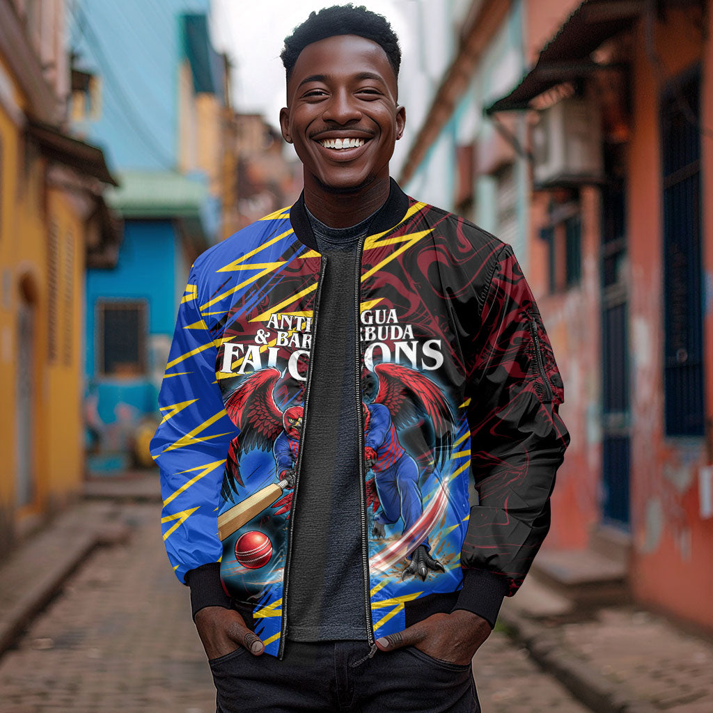 Personalized Antigua And Barbuda Cricket Sleeve Zip Bomber Jacket Falcons Caribbean Lightning Abstract Graphic