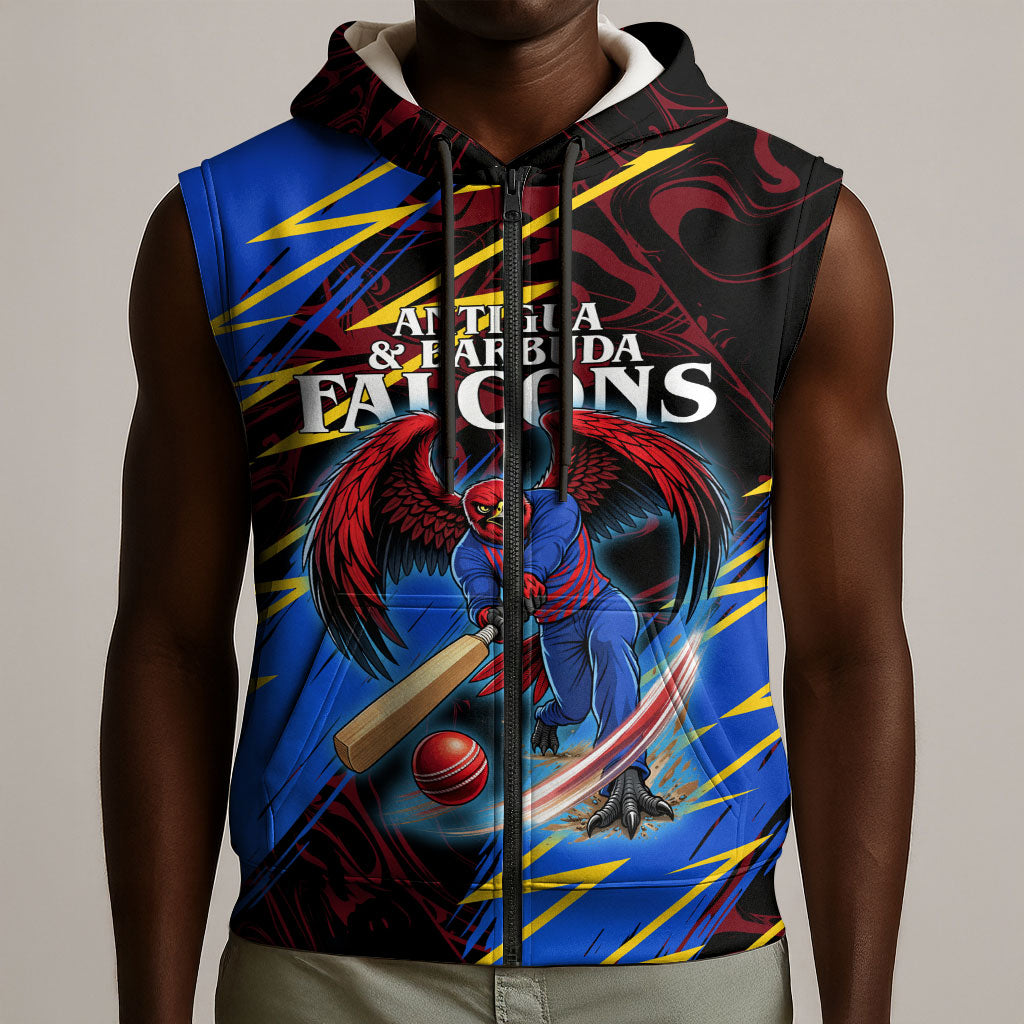 Personalized Antigua And Barbuda Cricket Sleeveless Zip Hoodie Falcons Caribbean Lightning Abstract Graphic