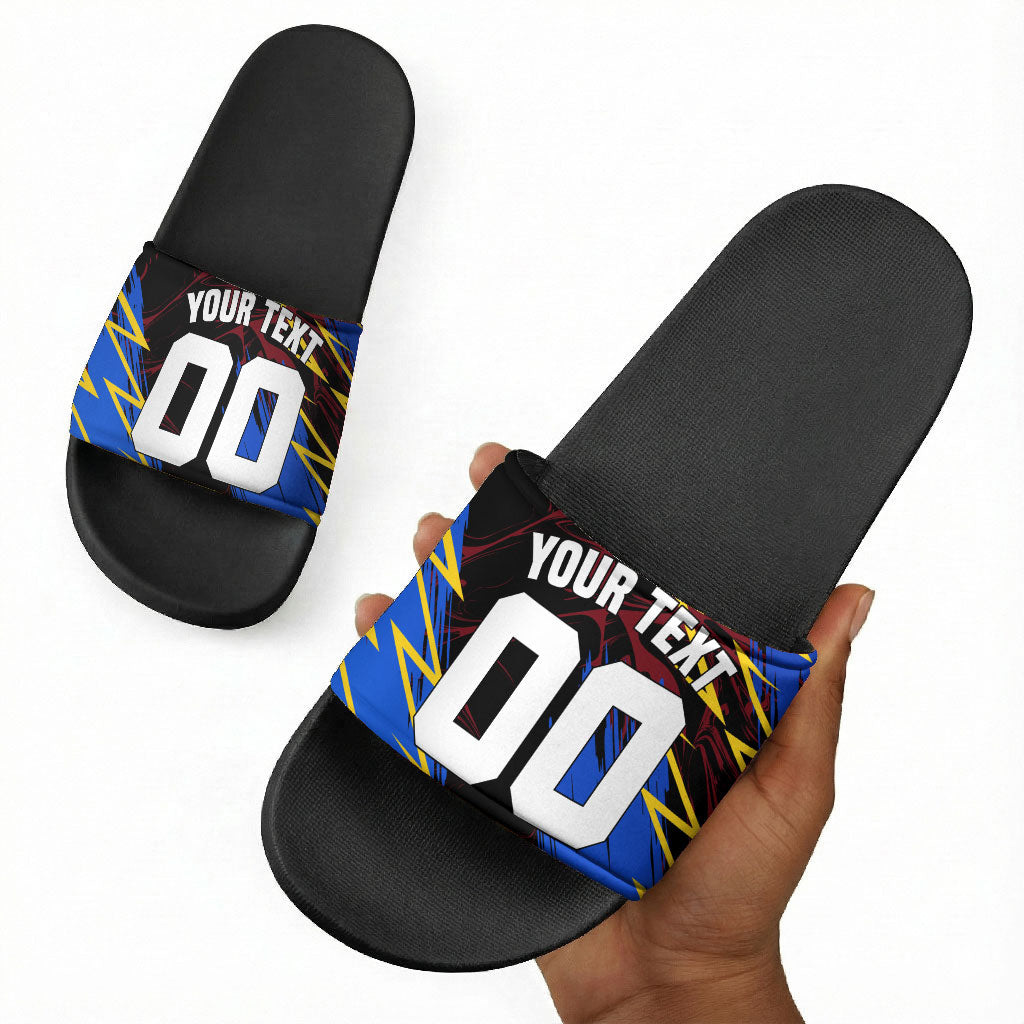 Personalized Antigua And Barbuda Cricket Slide Sandals Falcons Caribbean Lightning Abstract Graphic