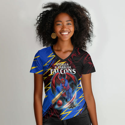 Personalized Antigua And Barbuda Cricket Women V-Neck T-Shirt Falcons Caribbean Lightning Abstract Graphic