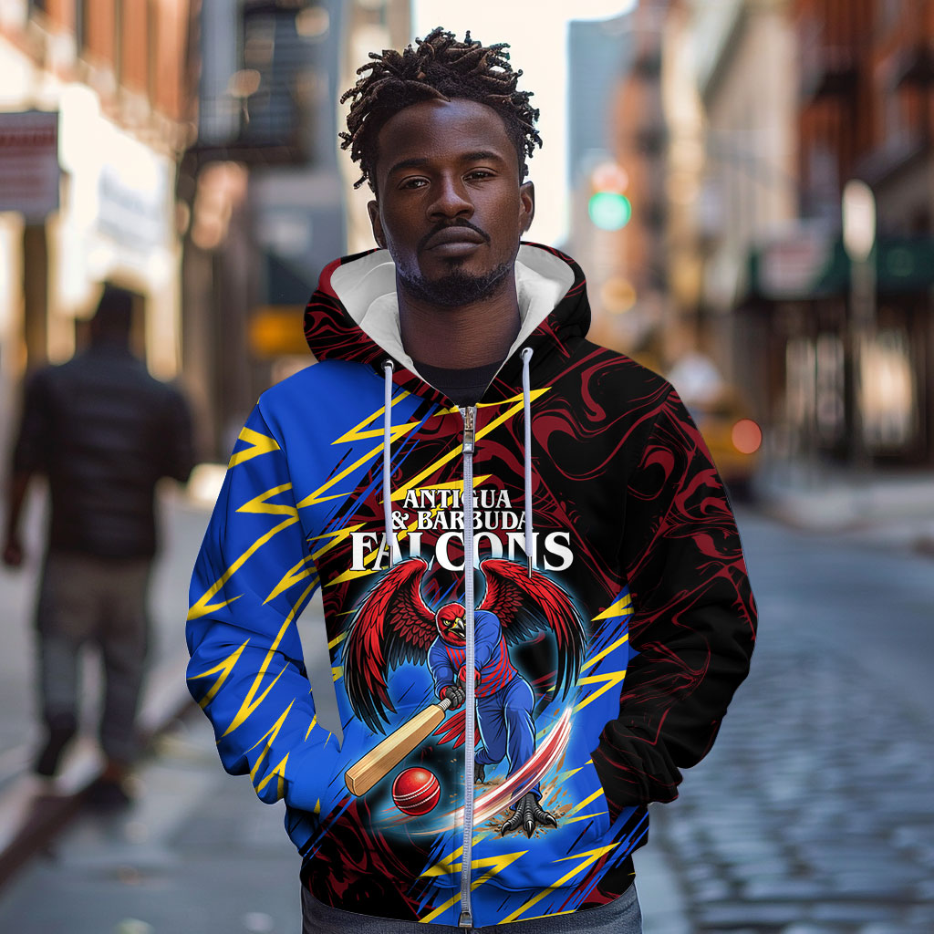 Personalized Antigua And Barbuda Cricket Zip Hoodie Falcons Caribbean Lightning Abstract Graphic