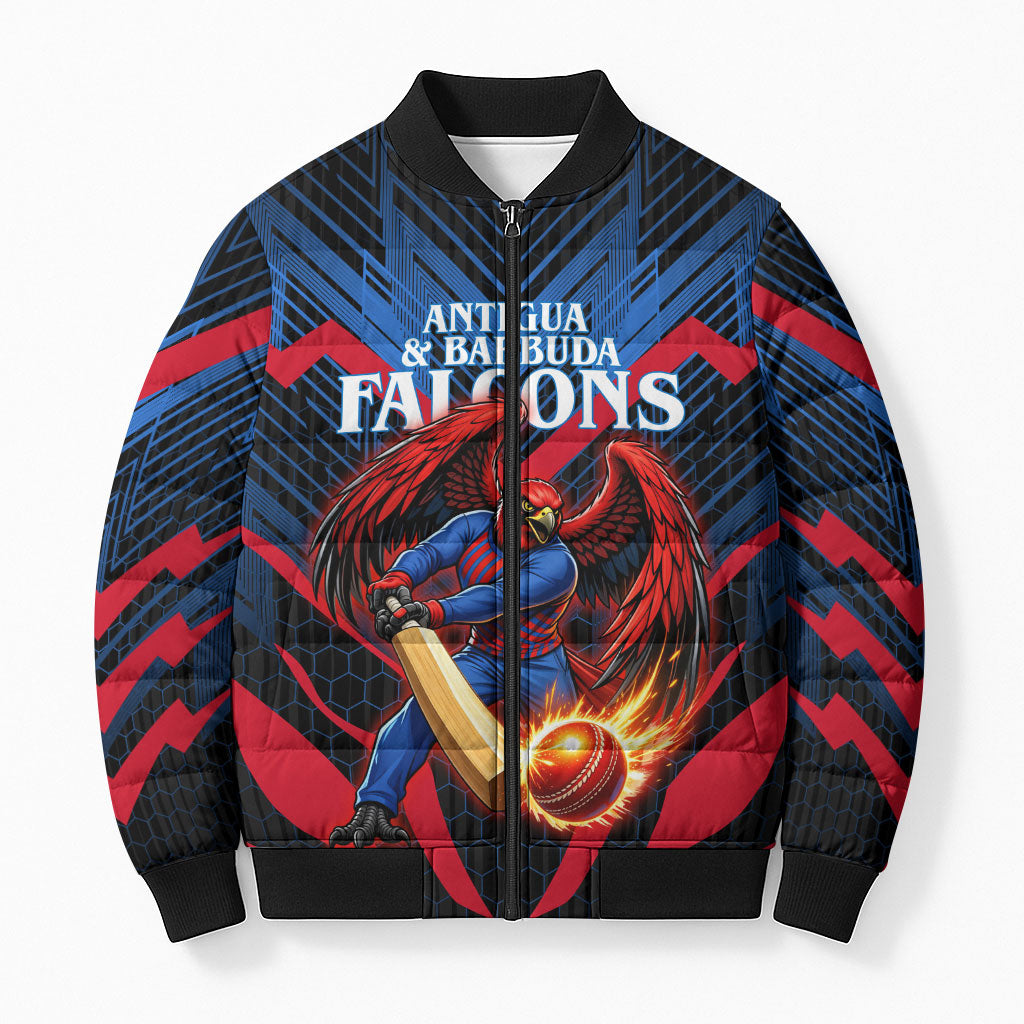 Personalized Antigua And Barbuda Cricket Falcons Bomber Puffer Jacket Abstract Hexagon Pattern Sport