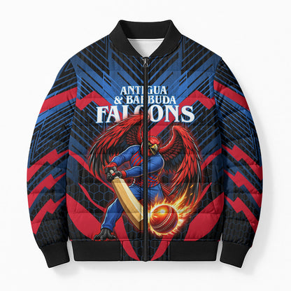 Personalized Antigua And Barbuda Cricket Falcons Bomber Puffer Jacket Abstract Hexagon Pattern Sport