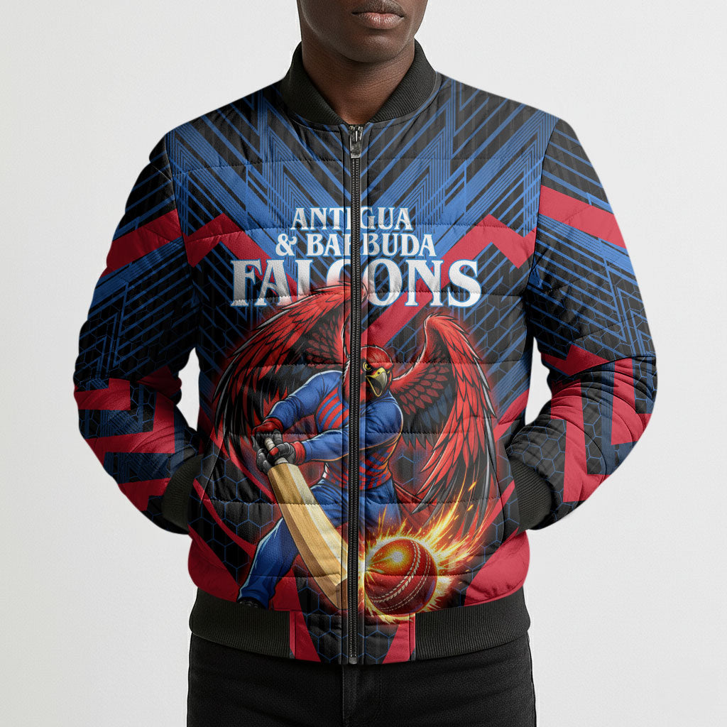 Personalized Antigua And Barbuda Cricket Falcons Bomber Puffer Jacket Abstract Hexagon Pattern Sport
